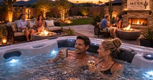 Modern outdoor hot tub setup in a Mesa backyard with desert landscaping and patio seating