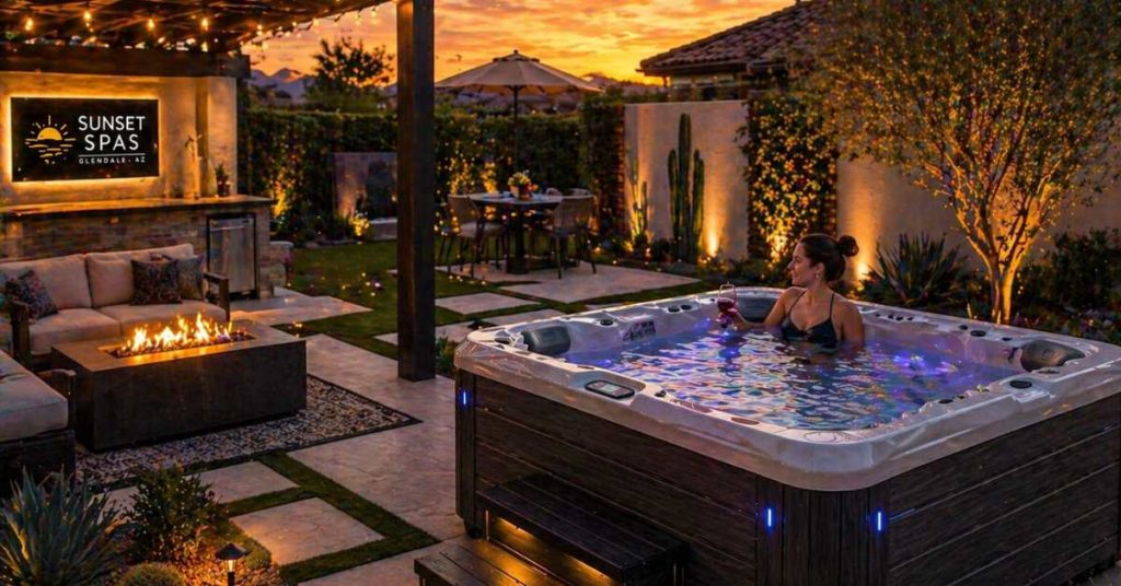 Modern outdoor spa setup in Glendale backyard with hot tub, pergola, and ambient lighting