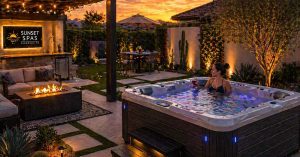 Modern outdoor spa setup in Glendale backyard with hot tub, pergola, and ambient lighting