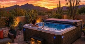 Outdoor hot tub in Tucson backyard with desert landscape and mountain view at sunset
