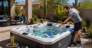Homeowner cleaning a modern hot tub in a Mesa backyard