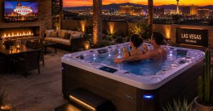 Luxury hot tub setup in Las Vegas backyard at sunset