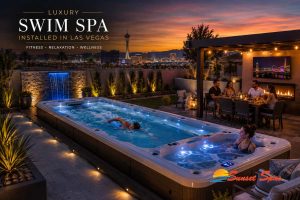 Luxury swim spa installed in Las Vegas backyard