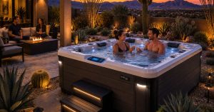 Modern hot tub installed in a Tucson backyard with desert landscaping