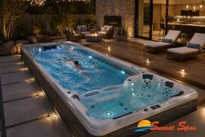 Modern swim spa designed for exercise and relaxation at home