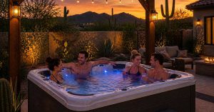 backyard hot tub in Tucson with pergola shade and desert landscaping at sunset