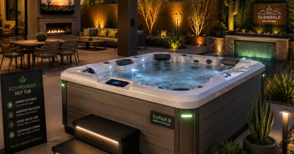 eco-friendly hot tub installed in modern Glendale Arizona backyard patio