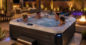 energy-efficient hot tub installed in modern Goodyear Arizona backyard patio