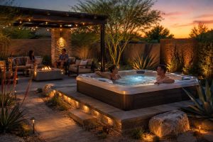 luxury backyard spa setup in Chandler Arizona with hot tub, pergola, and desert landscaping