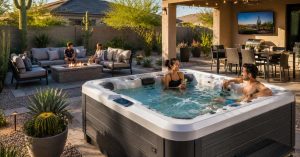 modern hot tub installed in Goodyear Arizona backyard patio with outdoor seating