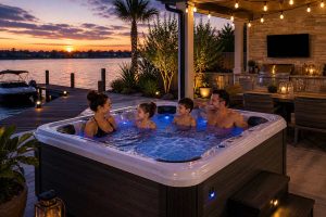 modern luxury hot tub in Mesa backyard with pergola lighting and seating area