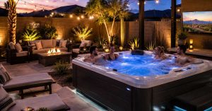 modern outdoor hot tub setup in Glendale Arizona backyard with seating and lighting