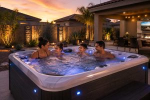 Family enjoying a Modern hot tub installation in Chandler Arizona