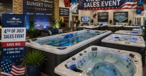 Luxury hot tubs and swim spas on display at the Sunset Spas Tucson showroom during the 4th of July Sales Event