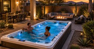 People in a Modern swim spa installed in a Chandler Arizona backyard with outdoor seating and landscaping