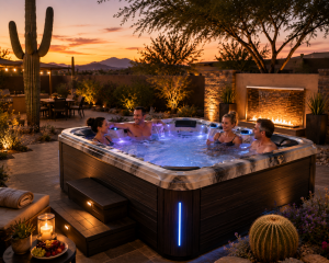 people enjoying a luxury hot tub in a Mesa Arizona backyard creating a relaxing outdoor wellness retreat