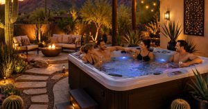 people hanging on a Luxury backyard hot tub oasis in Tucson Arizona featuring desert landscaping and outdoor spa seating