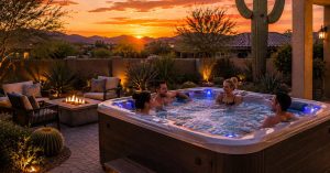 people in a Luxury hot tub in a Mesa Arizona backyard surrounded by desert landscaping during sunset