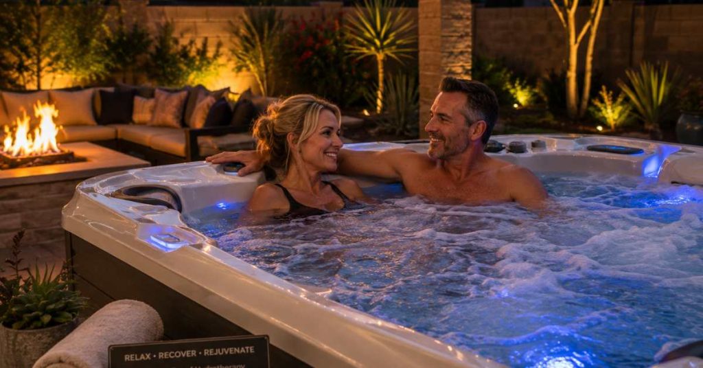 Couple relaxing in a premium hot tub in a Chandler Arizona backyard enjoying the health benefits of hydrotherapy