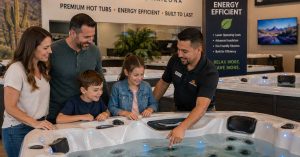 Family choosing a premium energy-efficient hot tub at the Sunset Spas showroom in Tucson, Arizona