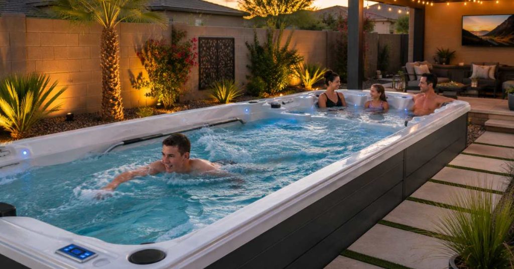 Family enjoying a modern swim spa in a Chandler backyard for exercise, relaxation, and hydrotherapy