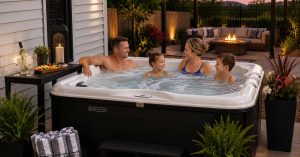 Family enojoying a premium hot tub installed in a modern Mesa, Arizona.
