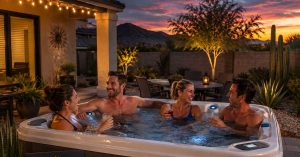 Friends enjoying the perfect-sized energy-efficient hot tub in a Mesa home