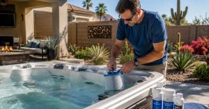 Homeowner maintaining a premium hot tub in a Chandler Arizona backyard during sunny desert weather