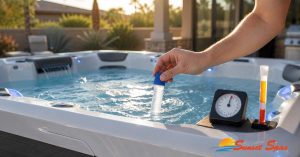 Homeowner testing water chemistry in a premium hot tub in Chandler, Arizona