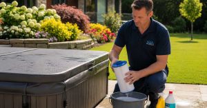 Mesa homeowner cleaning a hot tub filter beside a covered backyard hot tub.