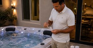 Tucson homeowner testing the water chemistry in a premium hot tub