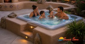 a family enjoying a modern energy-efficient hot tub installed in a Tucson, Arizona.