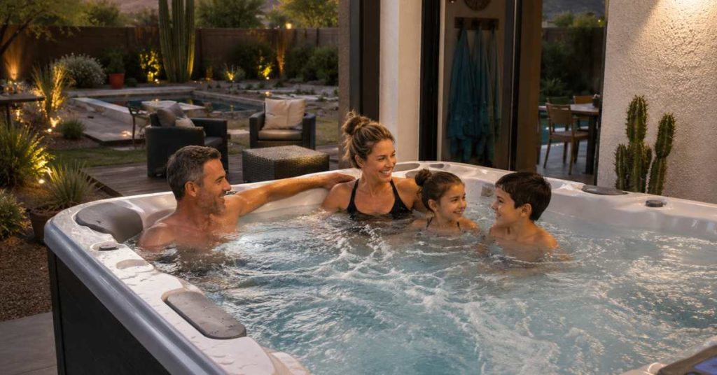 A family who owns a premium hot tub installed in a shaded Tucson Arizona backyard featuring energy-efficient insulation