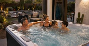 A family who owns a premium hot tub installed in a shaded Tucson Arizona backyard featuring energy-efficient insulation