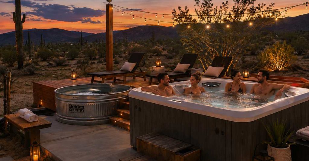 Outdoor desert hot tub being enjoyed by a family in their Mesa home