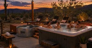 Outdoor desert hot tub being enjoyed by a family in their Mesa home