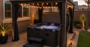 Outdoor premium hot tub installed in a shaded Las Vegas backyard