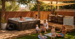 Premium outdoor hot tub in a Chandler Arizona backyard with shaded seating.
