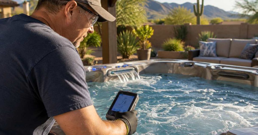 Tucson homeowner testing hot tub water.
