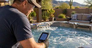 Tucson homeowner testing hot tub water.