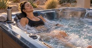 Athlete relaxing in a Mesa backyard hot tub after a workout with hydrotherapy jets targeting the back, legs, and shoulders