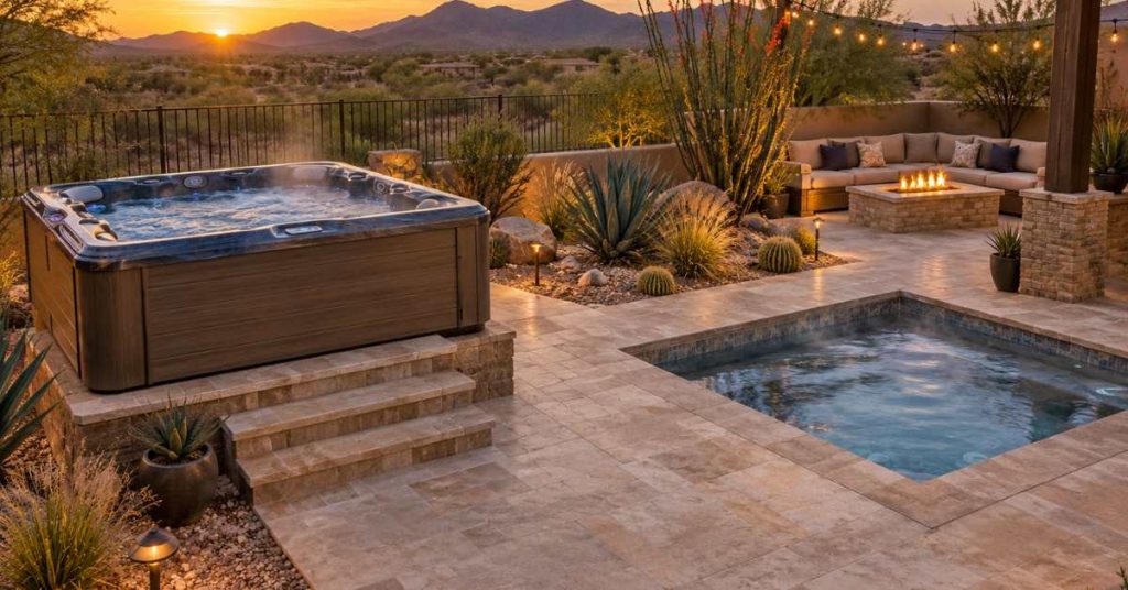 Backyard comparison of a premium above-ground hot tub and an in-ground spa with patio landscaping