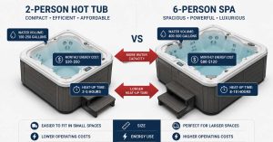 comparing a compact 2-person hot tub and larger 6-person spa.