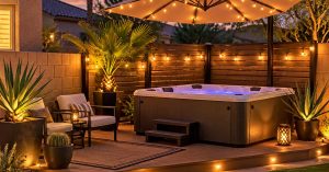 Chandler backyard hot tub styled on a budget with string lights, simple privacy screening, potted desert plants, seating, and shade.