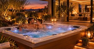 Chandler homeowners relaxing in a backyard hot tub during a comfortable Arizona evening with desert landscaping