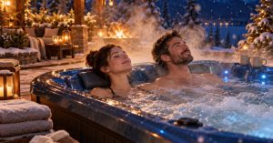 Couple relaxing in a steaming backyard hot tub on a cool winter evening while enjoying warm-water hydrotherapy