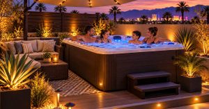 Family using a Las Vegas backyard hot tub surrounded by privacy screens, desert-friendly landscaping