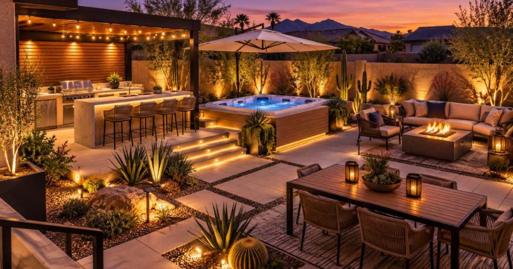 Las Vegas backyard with a hot tub, outdoor kitchen, fire pit seating area, desert landscaping, shade, and evening lighting.