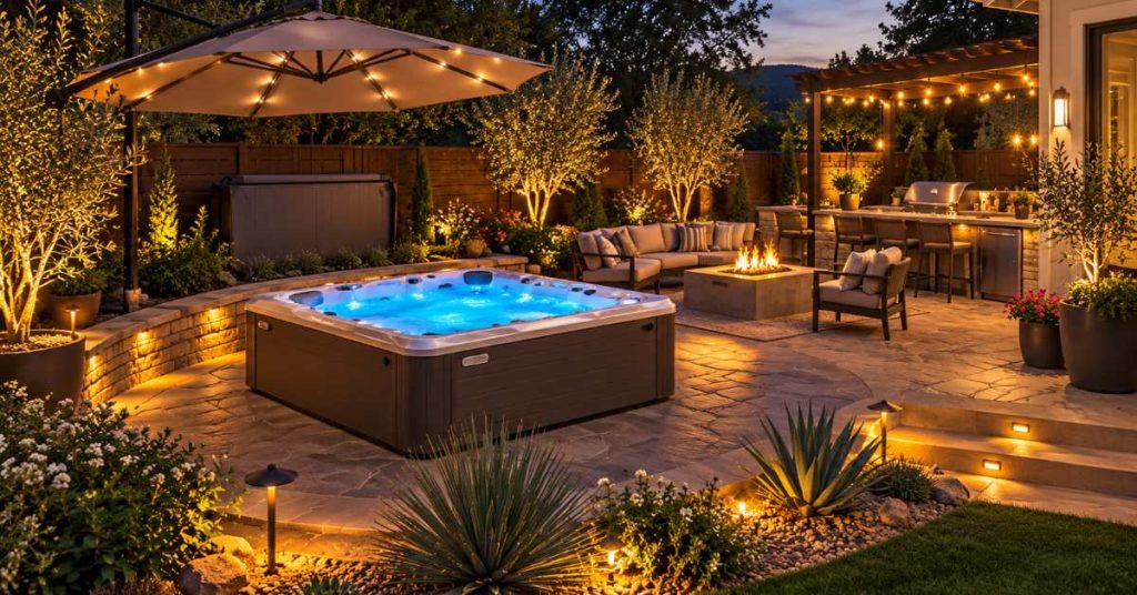 Loomis California backyard hot tub being enjoyed year-round with comfortable seating, landscaping, shade, lighting, and a fitted spa cover nearby.