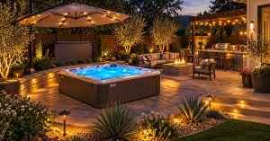 Loomis California backyard hot tub being enjoyed year-round with comfortable seating, landscaping, shade, lighting, and a fitted spa cover nearby.